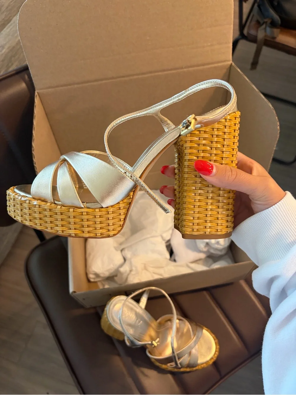 Metallic Gold Platform Woven-Trim Block Heel Sandals